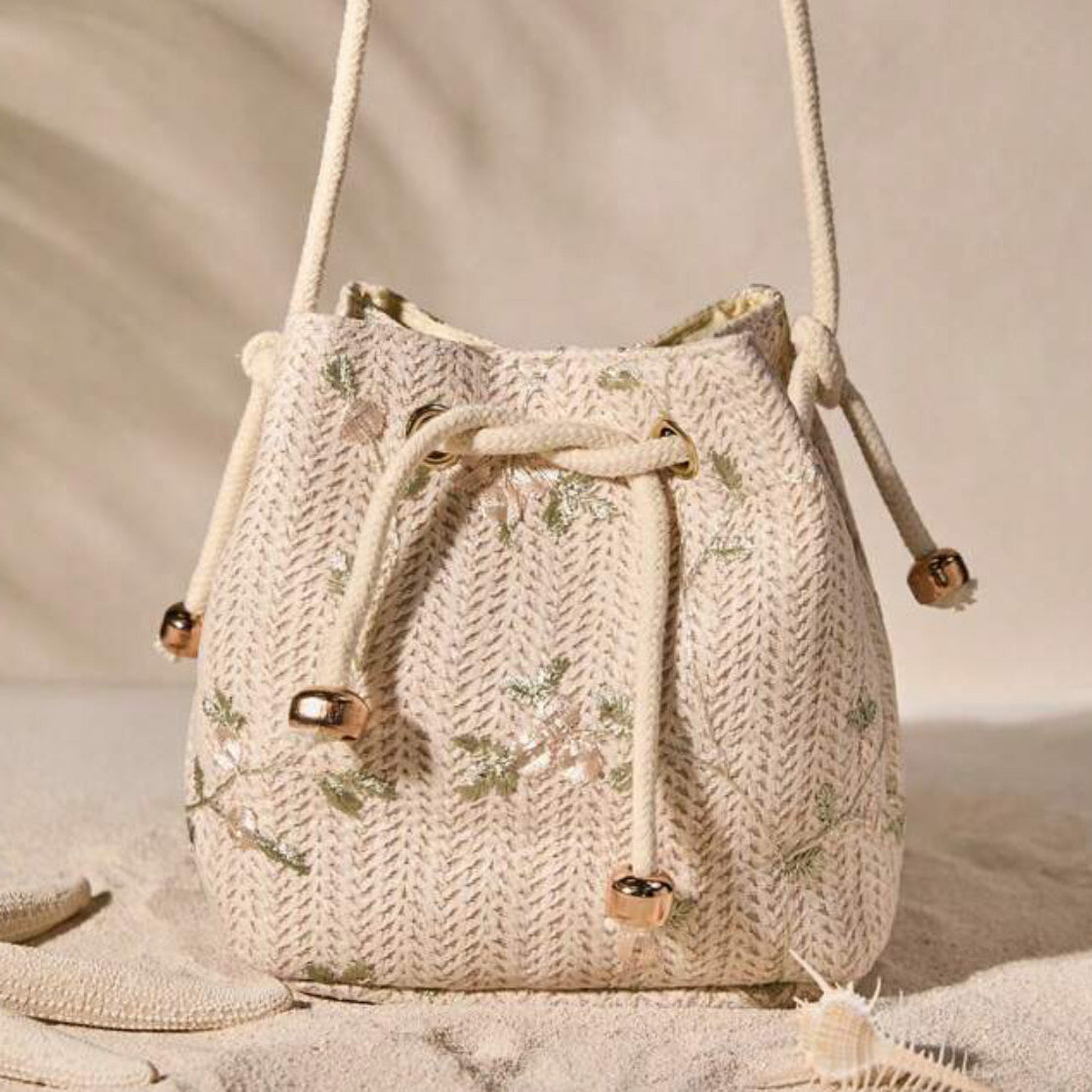 Mini Floral Embroidered Drawstring Bag