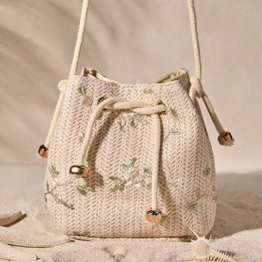 Mini Floral Embroidered Drawstring Bag