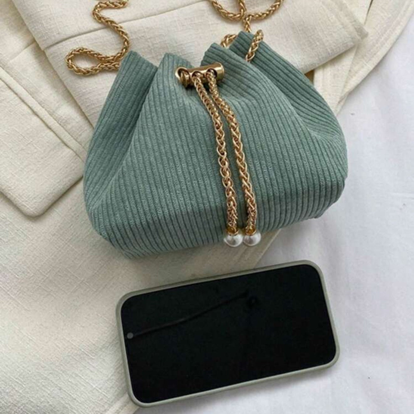 Mini Crossbody Bucket Bag with Pearl Decor