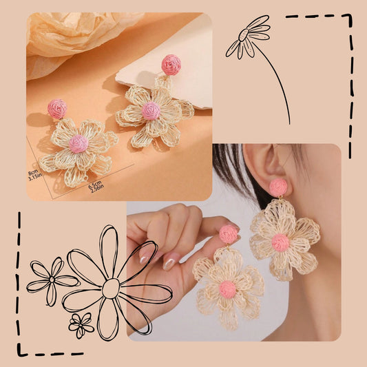 Elegant & Sweet Raffia Flower Dangle Earrings